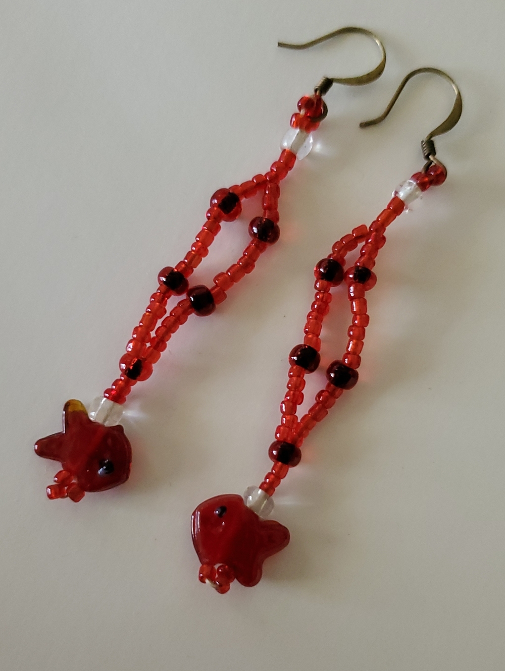 Red Beaded Fish Drop Earrings